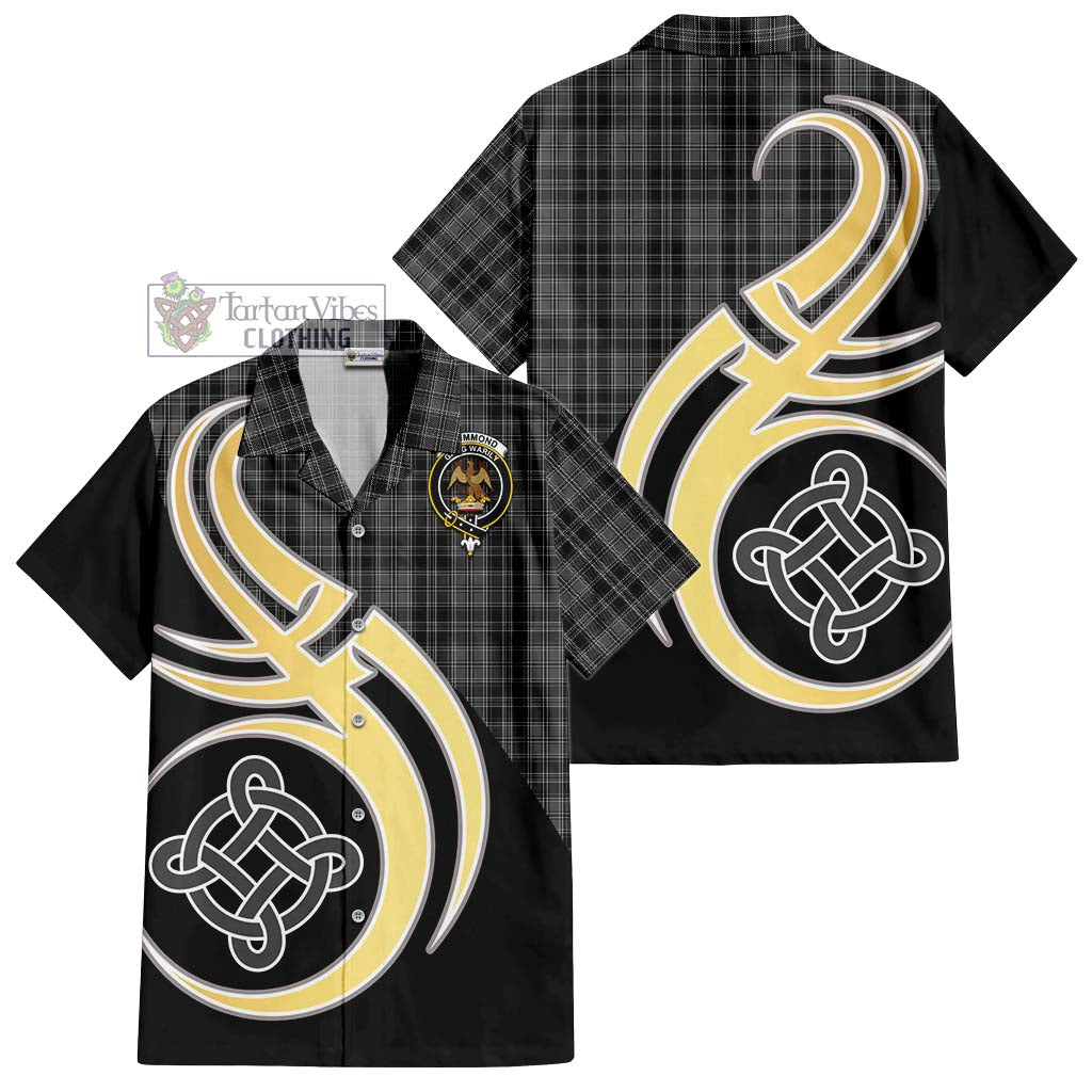 Drummond Grey Tartan Short Sleeve Button Shirt with Family Crest and Celtic Symbol Style - Tartan Vibes Clothing