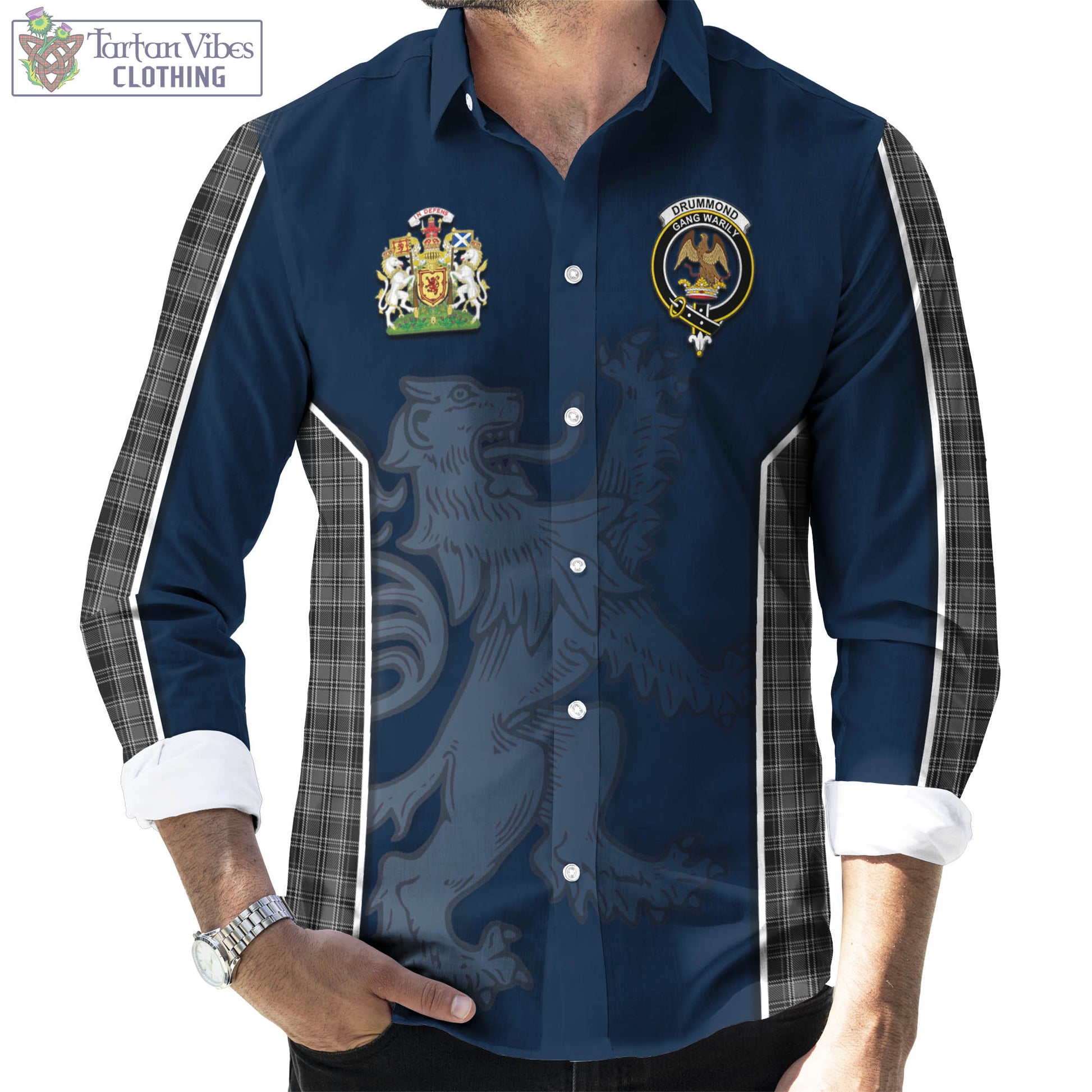 Tartan Vibes Clothing Drummond Grey Tartan Long Sleeve Button Up Shirt with Family Crest and Lion Rampant Vibes Sport Style