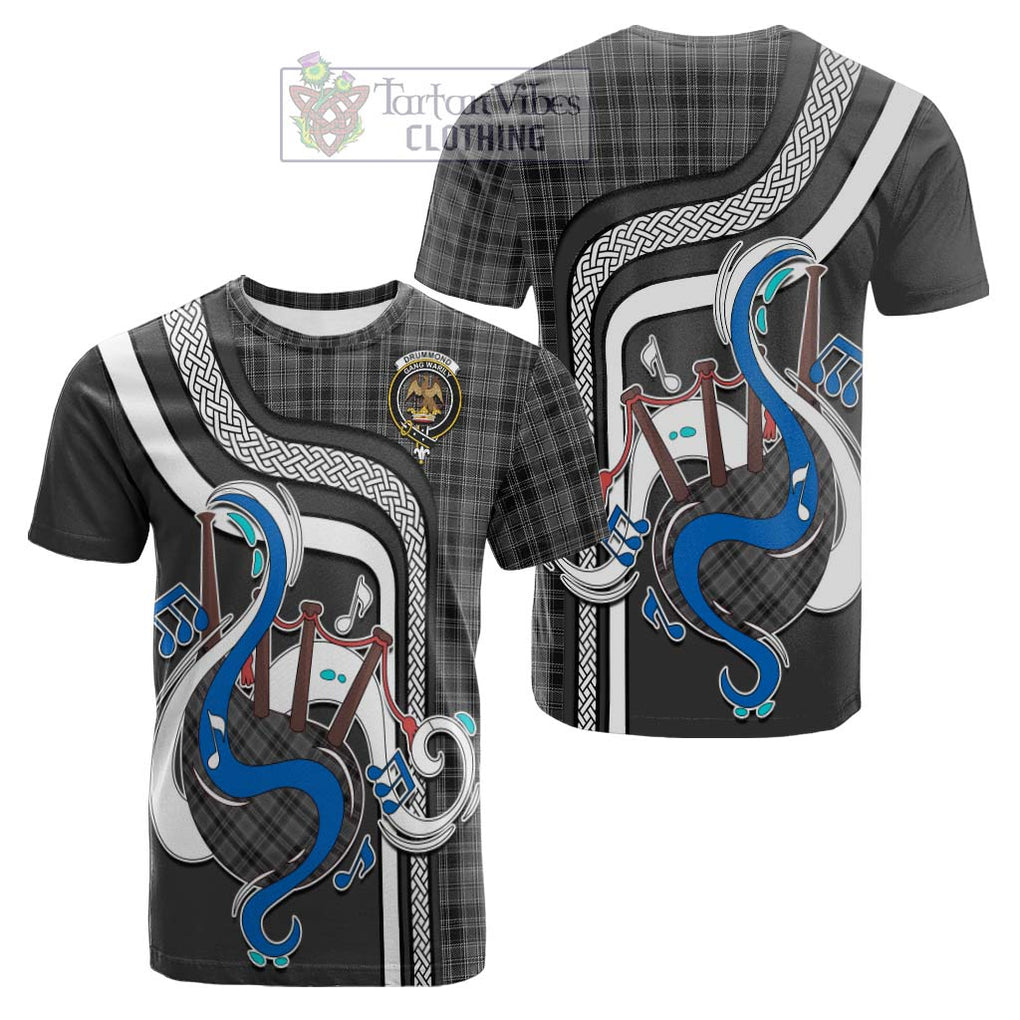 Tartan Vibes Clothing Drummond Grey Tartan Cotton T-shirt with Epic Bagpipe Style