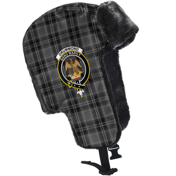 Drummond Grey Tartan Winter Trapper Hat with Family Crest