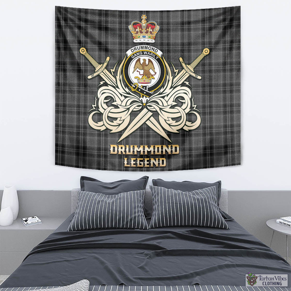 Tartan Vibes Clothing Drummond Grey Tartan Tapestry with Clan Crest and the Golden Sword of Courageous Legacy