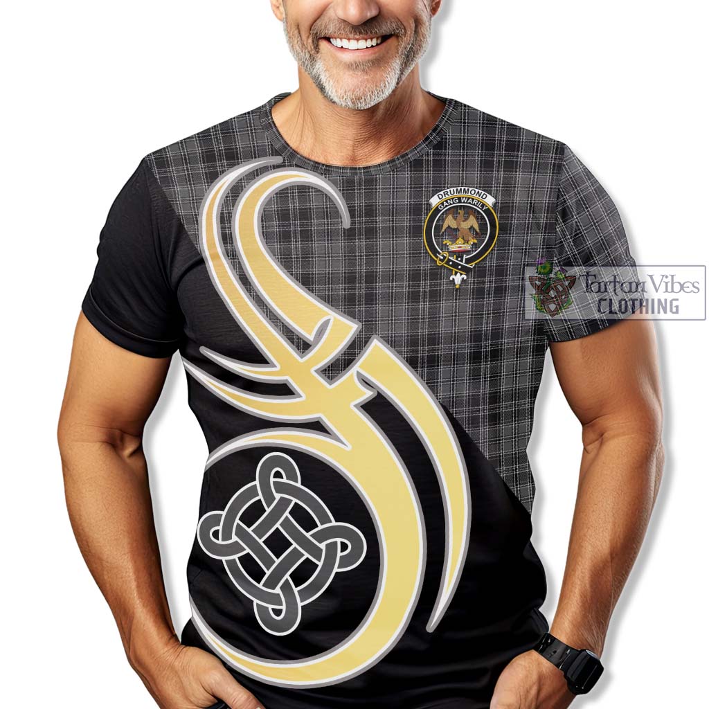 Tartan Vibes Clothing Drummond Grey Tartan T-Shirt with Family Crest and Celtic Symbol Style