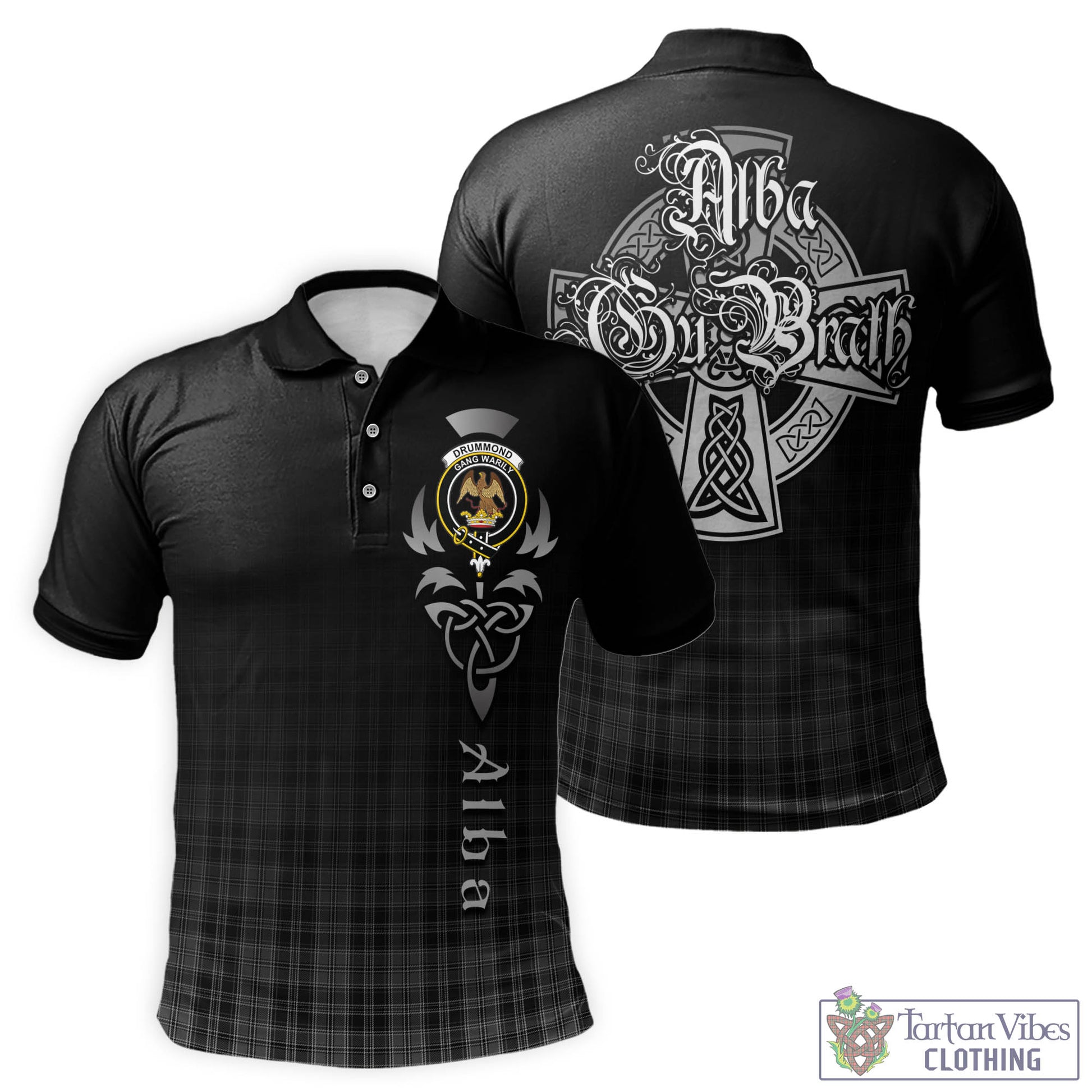 Tartan Vibes Clothing Drummond Grey Tartan Polo Shirt Featuring Alba Gu Brath Family Crest Celtic Inspired