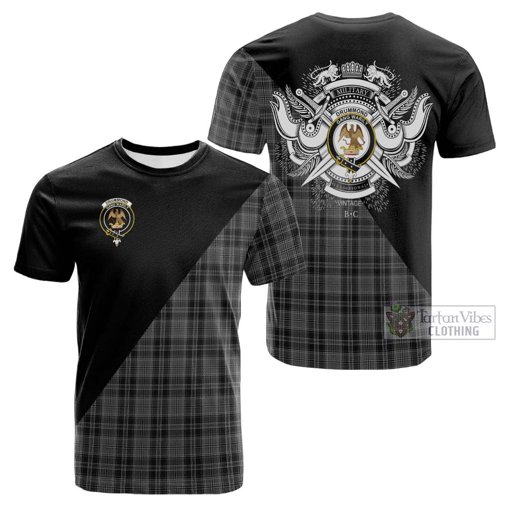 Tartan Vibes Clothing Drummond Grey Tartan Cotton T-shirt with Family Crest and Military Logo Style