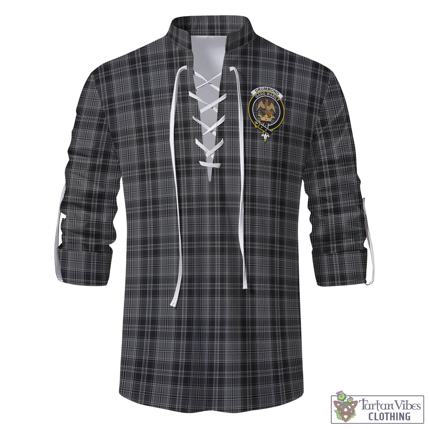 Tartan Vibes Clothing Drummond Grey Tartan Men's Scottish Traditional Jacobite Ghillie Kilt Shirt with Family Crest