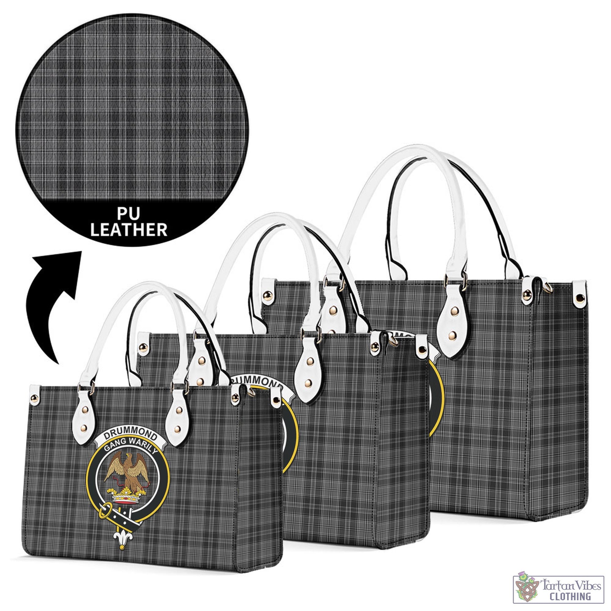 Tartan Vibes Clothing Drummond Grey Tartan Luxury Leather Handbags with Family Crest