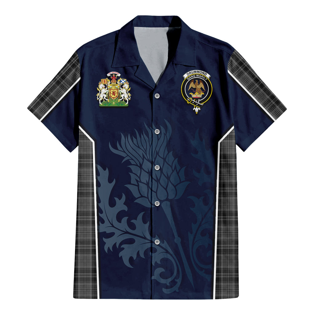 Tartan Vibes Clothing Drummond Grey Tartan Short Sleeve Button Up Shirt with Family Crest and Scottish Thistle Vibes Sport Style