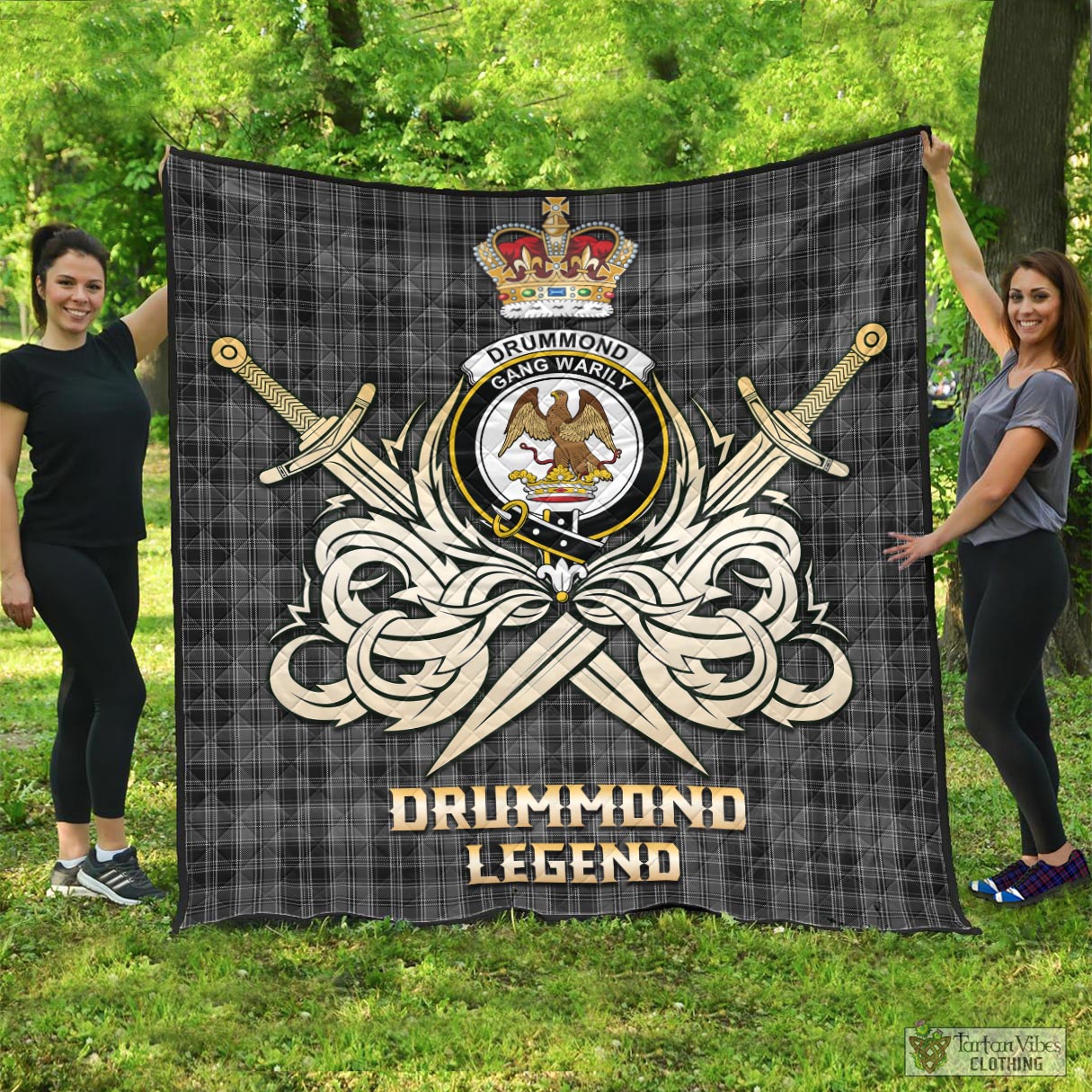 Tartan Vibes Clothing Drummond Grey Tartan Quilt with Clan Crest and the Golden Sword of Courageous Legacy