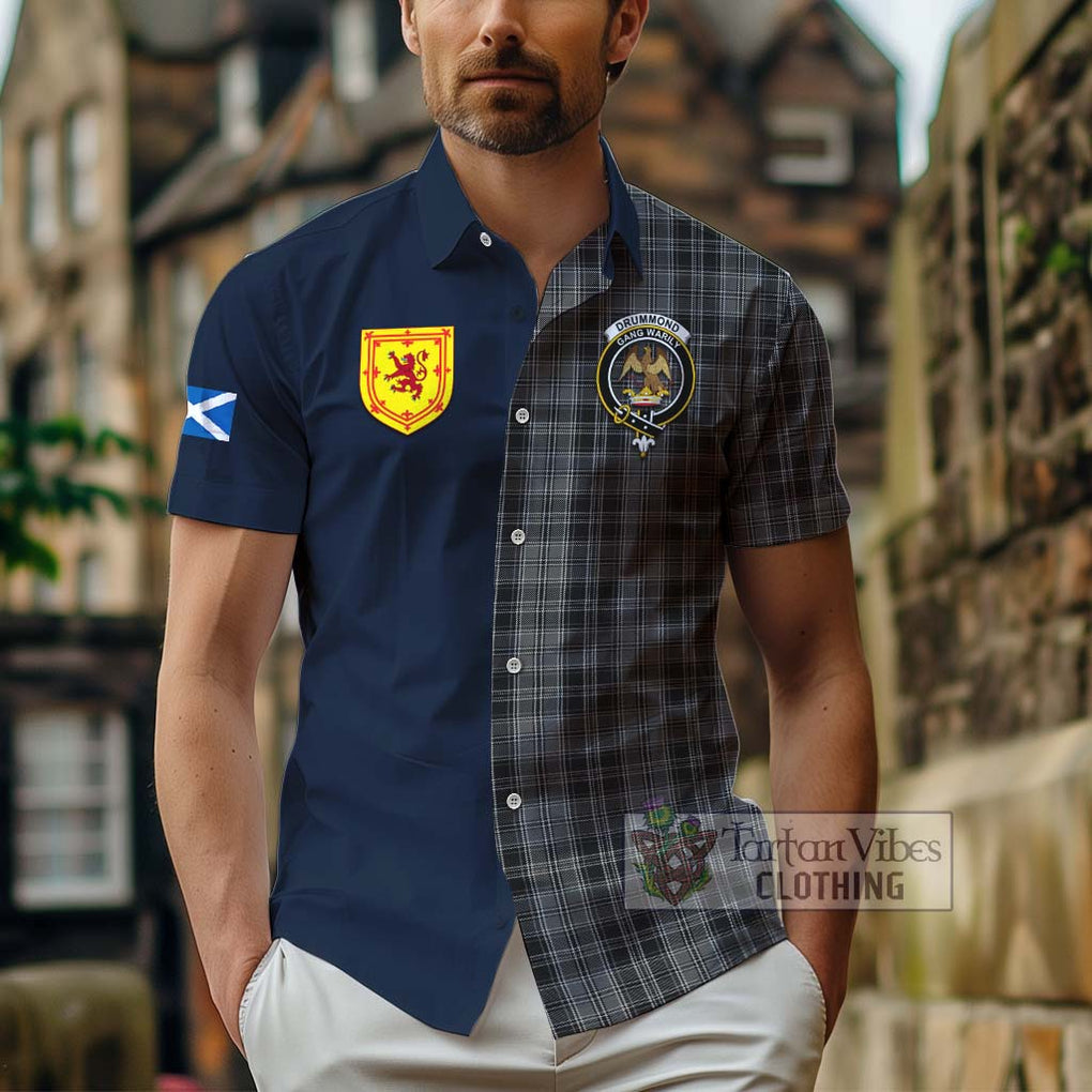 Tartan Vibes Clothing Drummond Grey Tartan Short Sleeve Button Shirt with Scottish Lion Royal Arm Half Style