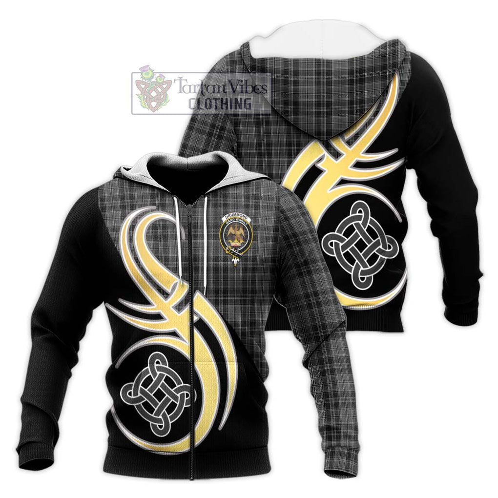 Drummond Grey Tartan Knitted Hoodie with Family Crest and Celtic Symbol Style Unisex Knitted Zip Hoodie - Tartan Vibes Clothing