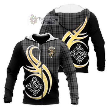 Drummond Grey Tartan Knitted Hoodie with Family Crest and Celtic Symbol Style