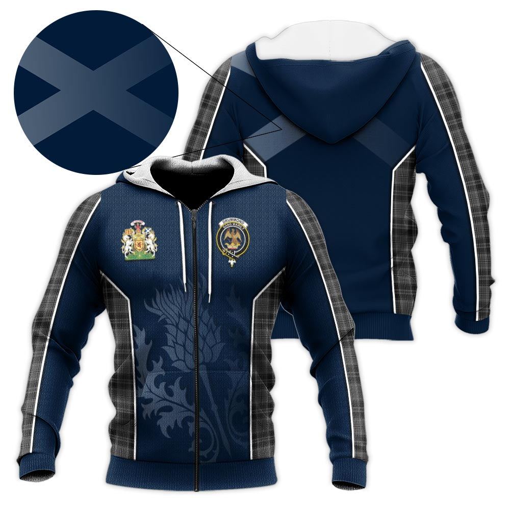 Tartan Vibes Clothing Drummond Grey Tartan Knitted Hoodie with Family Crest and Scottish Thistle Vibes Sport Style