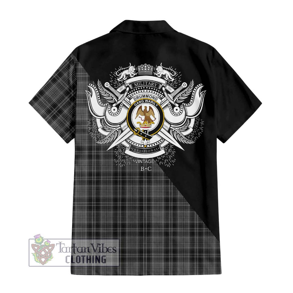 Drummond Grey Tartan Short Sleeve Button Shirt with Family Crest and Military Logo Style - Tartanvibesclothing Shop