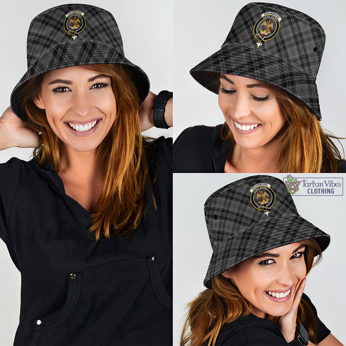 Tartan Vibes Clothing Drummond Grey Tartan Bucket Hat with Family Crest