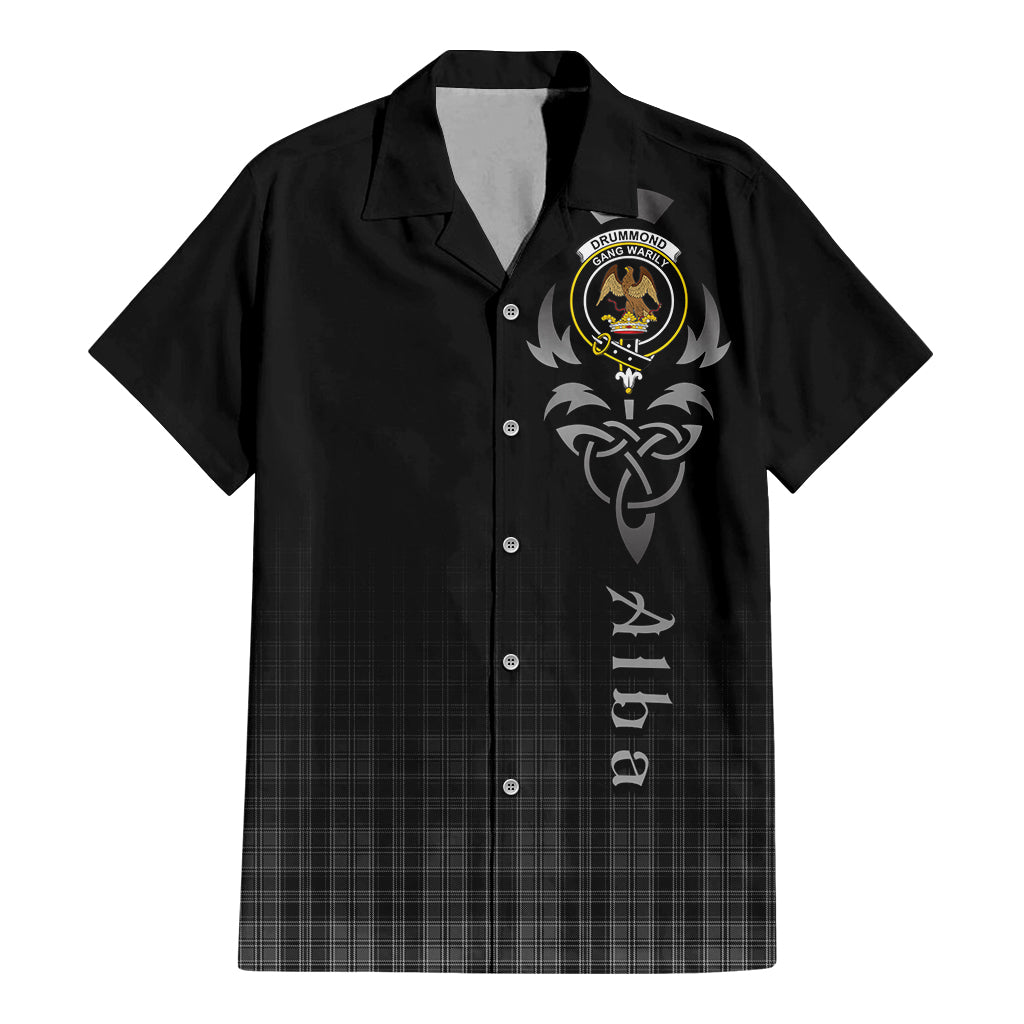 Tartan Vibes Clothing Drummond Grey Tartan Short Sleeve Button Up Featuring Alba Gu Brath Family Crest Celtic Inspired