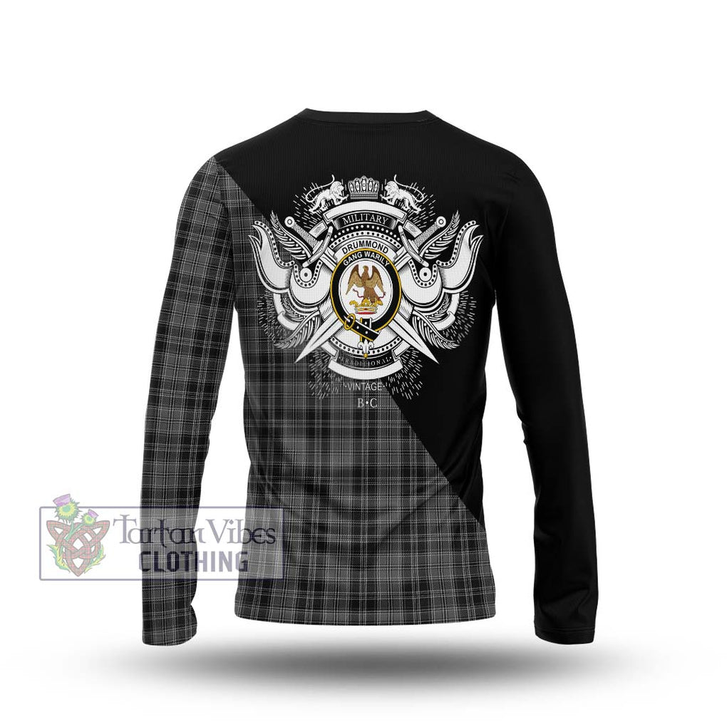 Drummond Grey Tartan Long Sleeve T-Shirt with Family Crest and Military Logo Style - Tartanvibesclothing Shop