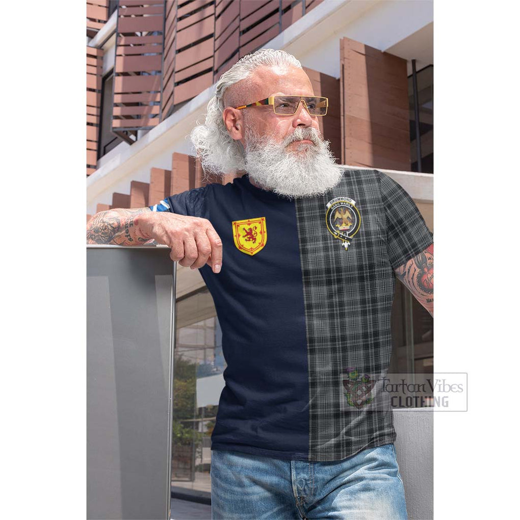 Tartan Vibes Clothing Drummond Grey Tartan Cotton T-shirt with Scottish Lion Royal Arm Half Style