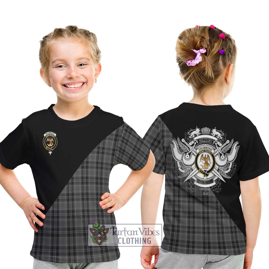 Drummond Grey Tartan Kid T-Shirt with Family Crest and Military Logo Style - Tartanvibesclothing Shop