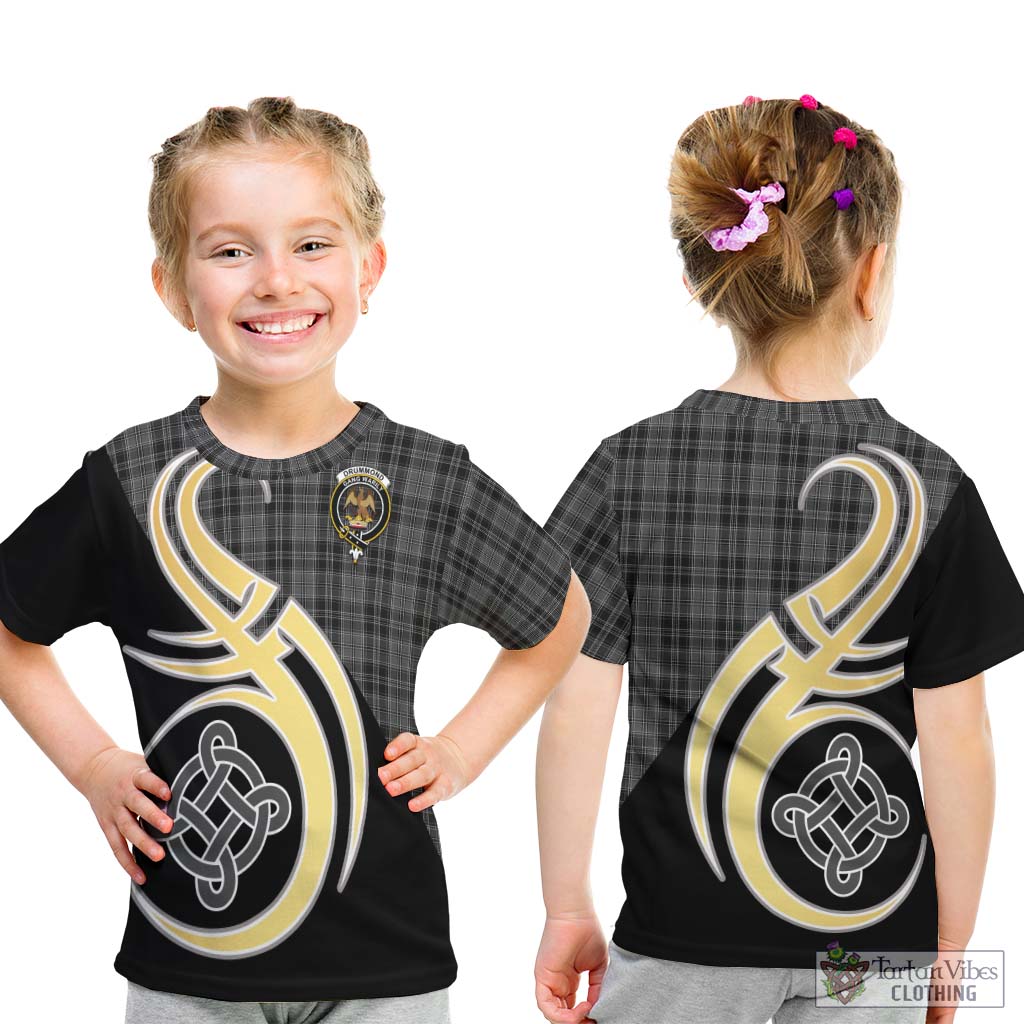 Drummond Grey Tartan Kid T-Shirt with Family Crest and Celtic Symbol Style - Tartan Vibes Clothing