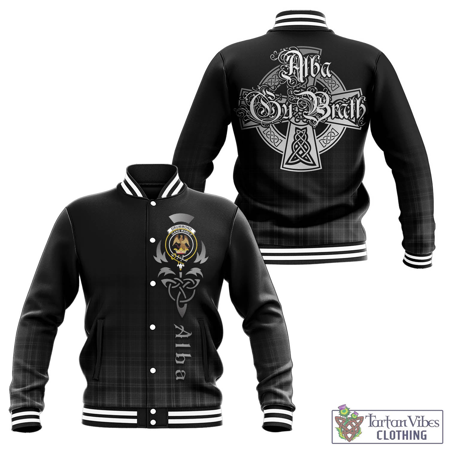 Tartan Vibes Clothing Drummond Grey Tartan Baseball Jacket Featuring Alba Gu Brath Family Crest Celtic Inspired