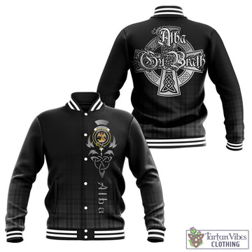 Drummond Grey Tartan Baseball Jacket Featuring Alba Gu Brath Family Crest Celtic Inspired