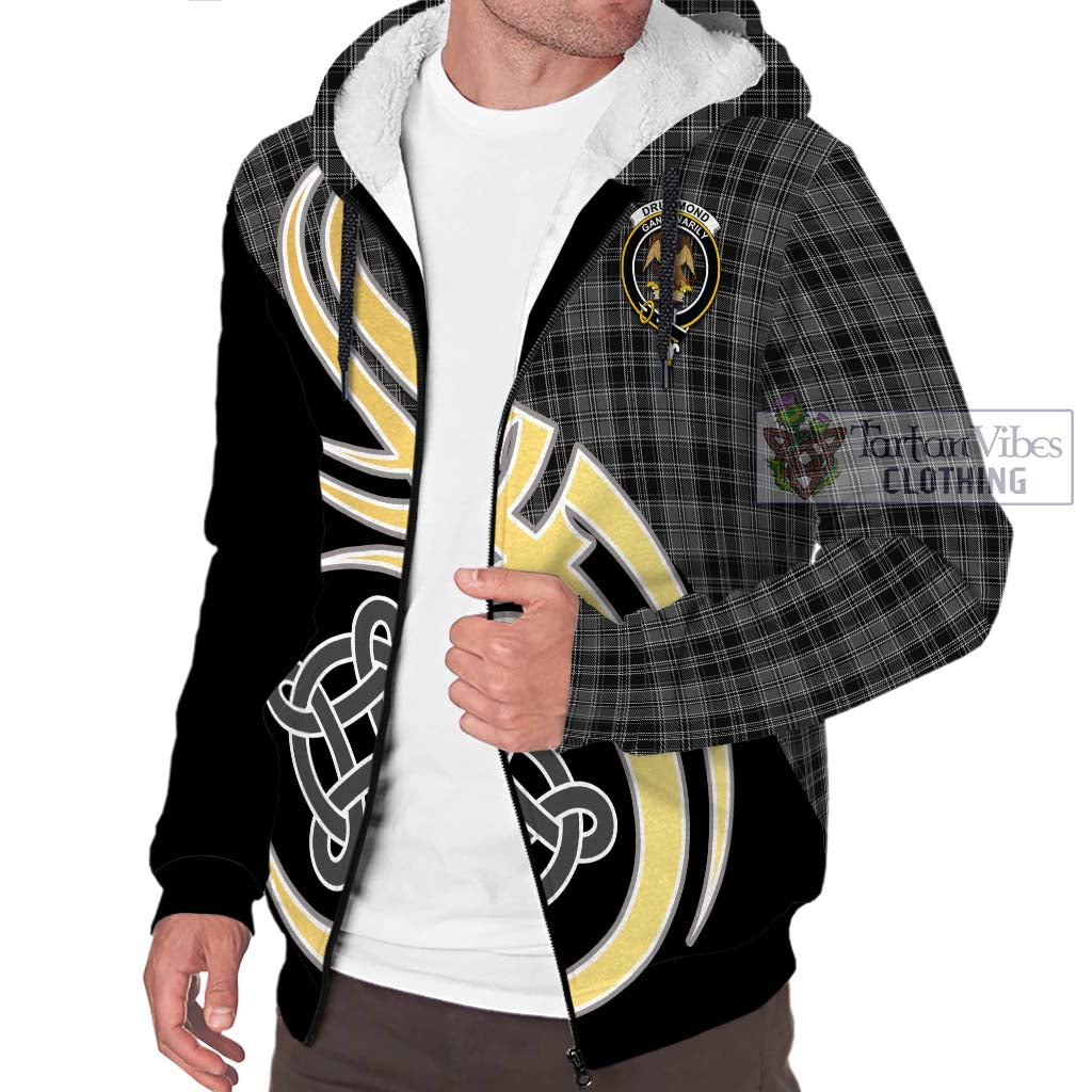 Drummond Grey Tartan Sherpa Hoodie with Family Crest and Celtic Symbol Style - Tartan Vibes Clothing