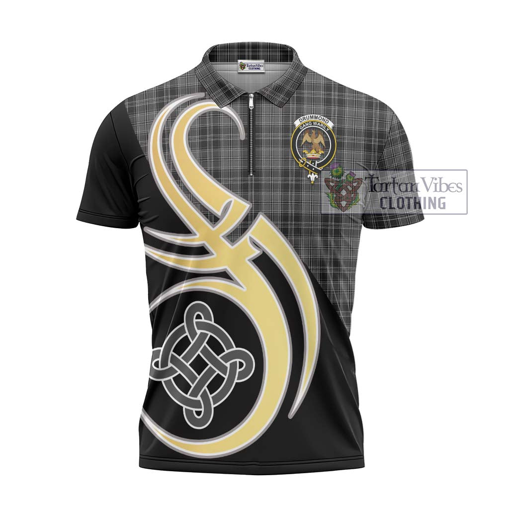 Tartan Vibes Clothing Drummond Grey Tartan Zipper Polo Shirt with Family Crest and Celtic Symbol Style