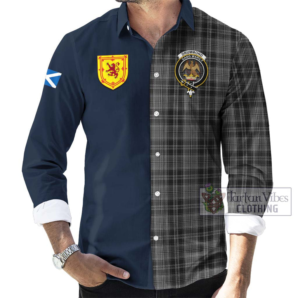 Tartan Vibes Clothing Drummond Grey Tartan Long Sleeve Button Shirt with Scottish Lion Royal Arm Half Style