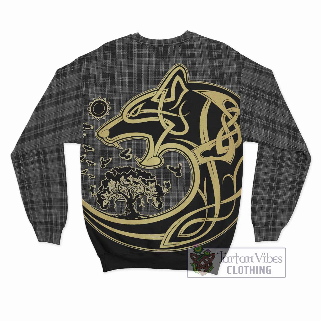 Tartan Vibes Clothing Drummond Grey Tartan Sweatshirt with Family Crest Celtic Wolf Style