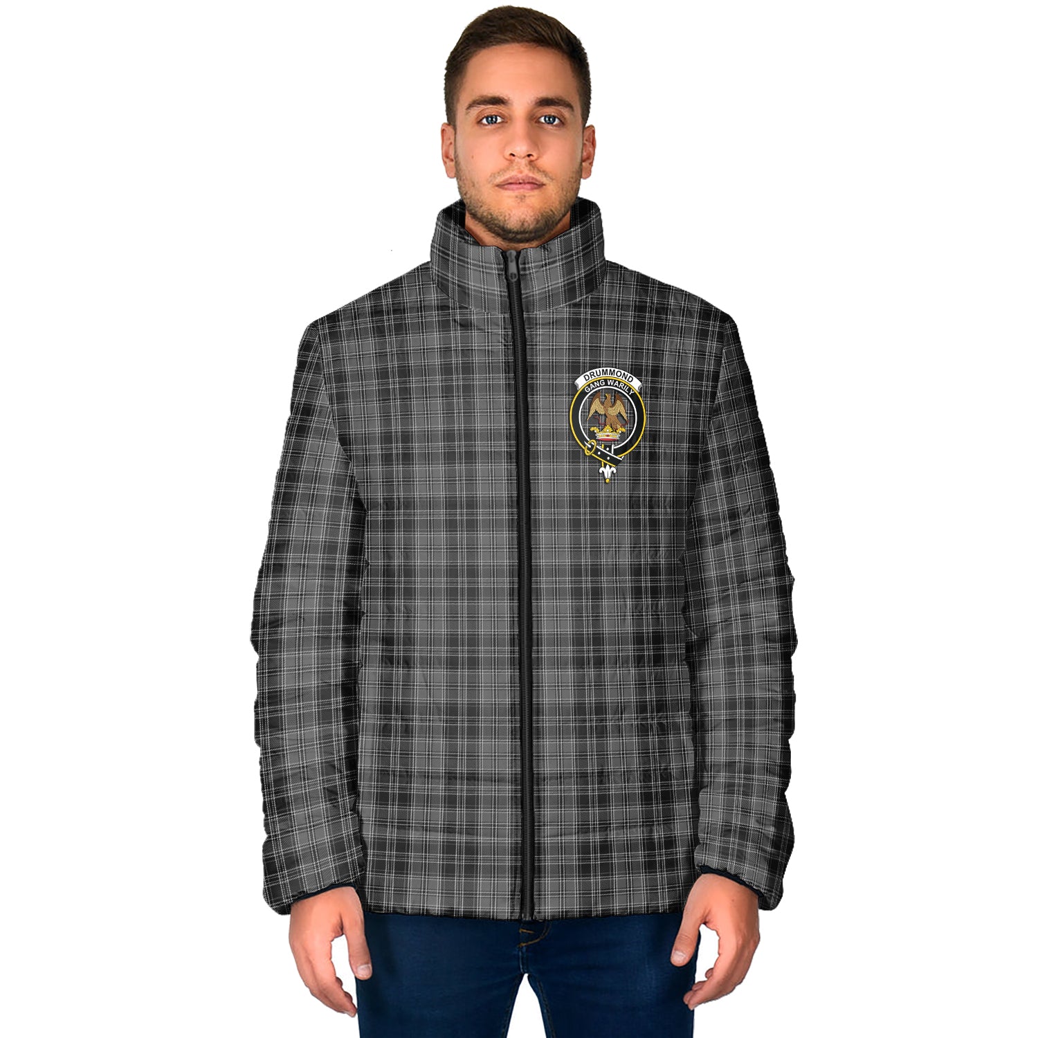 Drummond Grey Tartan Padded Jacket with Family Crest - Tartan Vibes Clothing