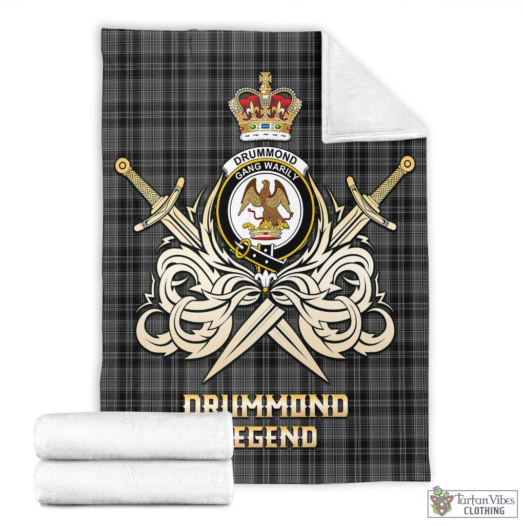 Tartan Vibes Clothing Drummond Grey Tartan Blanket with Clan Crest and the Golden Sword of Courageous Legacy