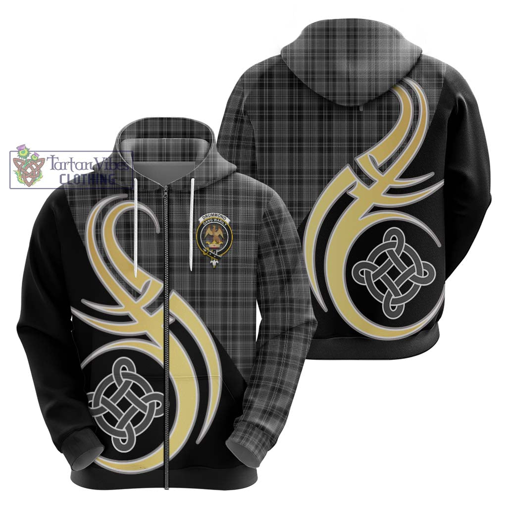 Drummond Grey Tartan Hoodie with Family Crest and Celtic Symbol Style - Tartan Vibes Clothing