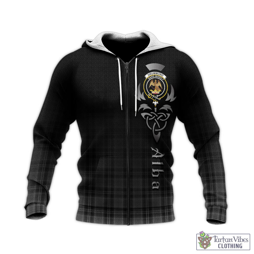 Tartan Vibes Clothing Drummond Grey Tartan Knitted Hoodie Featuring Alba Gu Brath Family Crest Celtic Inspired