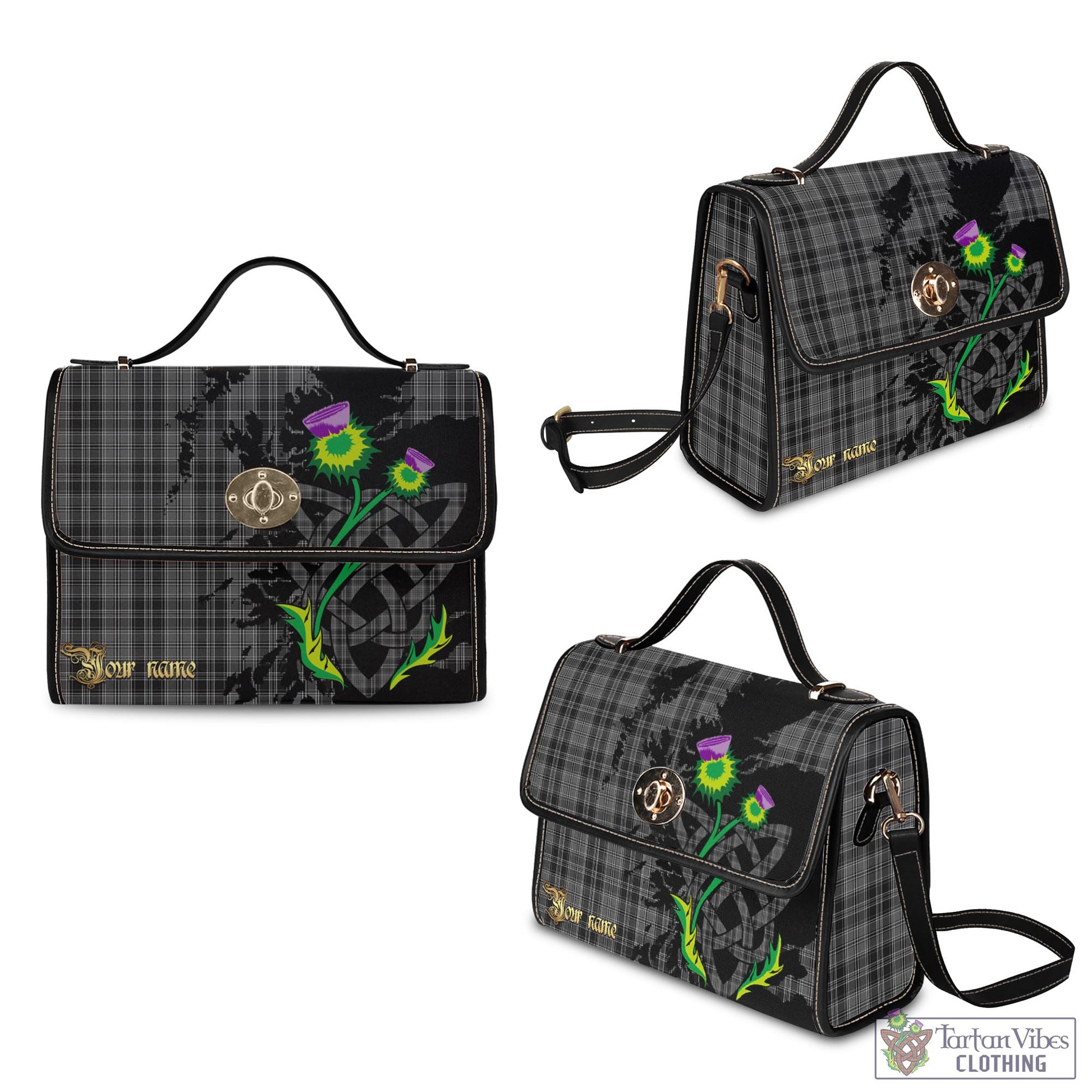 Tartan Vibes Clothing Drummond Grey Tartan Waterproof Canvas Bag with Scotland Map and Thistle Celtic Accents