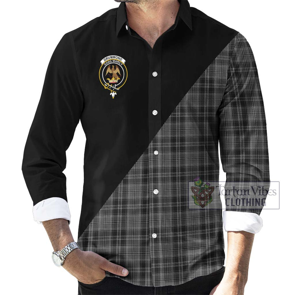 Drummond Grey Tartan Long Sleeve Button Shirt with Family Crest and Military Logo Style - Tartanvibesclothing Shop