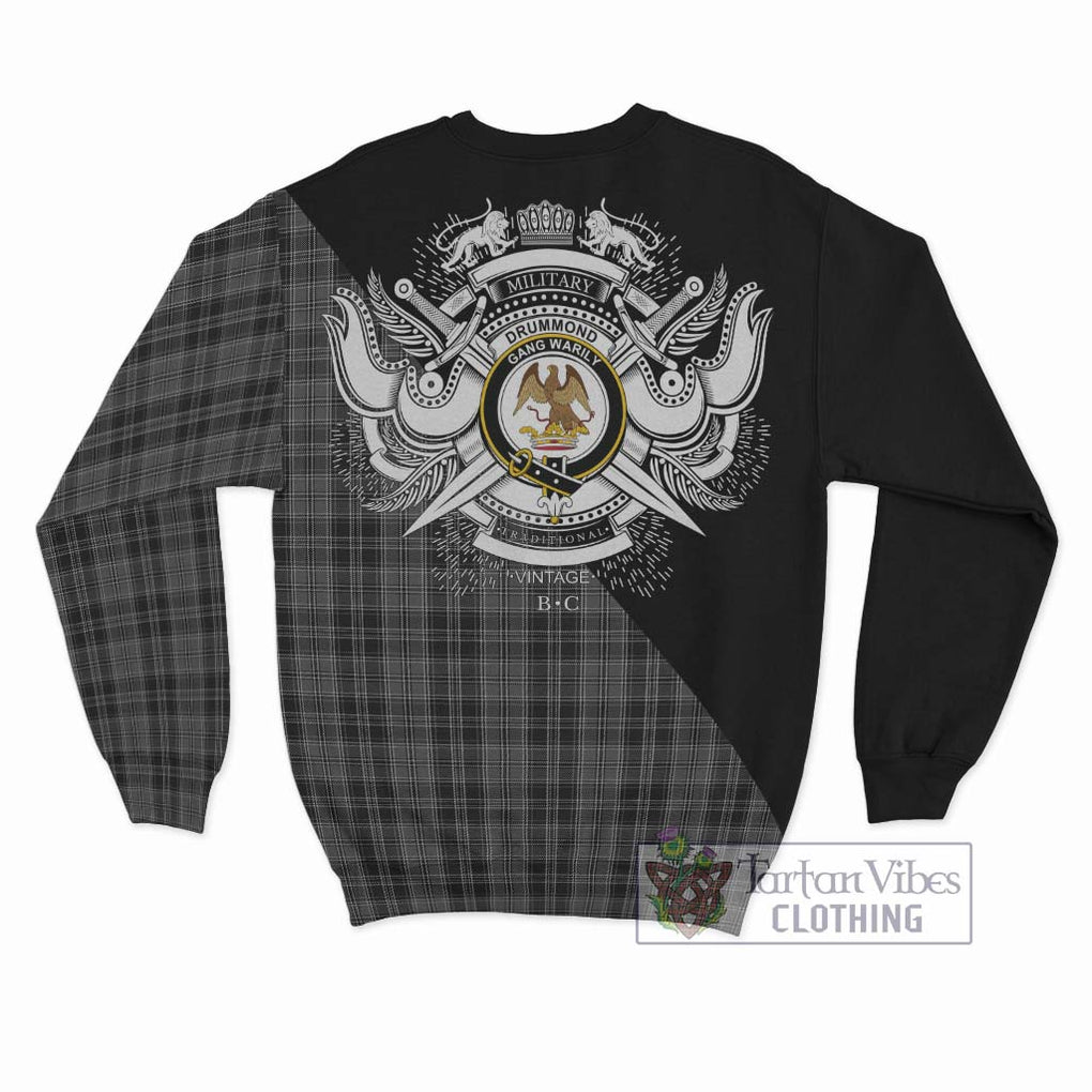 Drummond Grey Tartan Sweatshirt with Family Crest and Military Logo Style - Tartanvibesclothing Shop