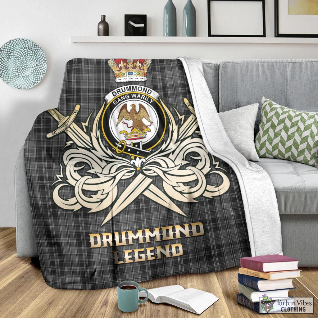 Tartan Vibes Clothing Drummond Grey Tartan Blanket with Clan Crest and the Golden Sword of Courageous Legacy