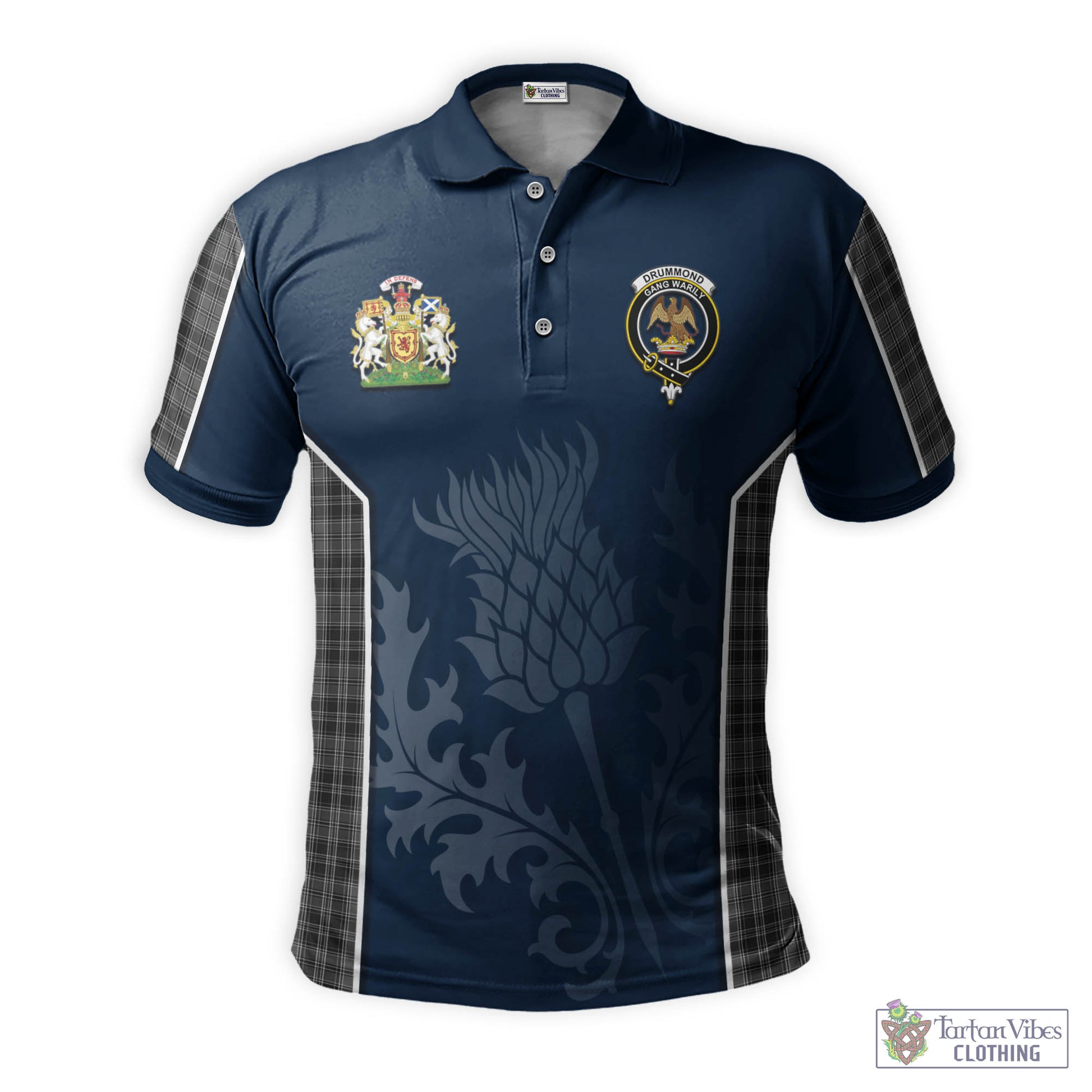 Tartan Vibes Clothing Drummond Grey Tartan Men's Polo Shirt with Family Crest and Scottish Thistle Vibes Sport Style