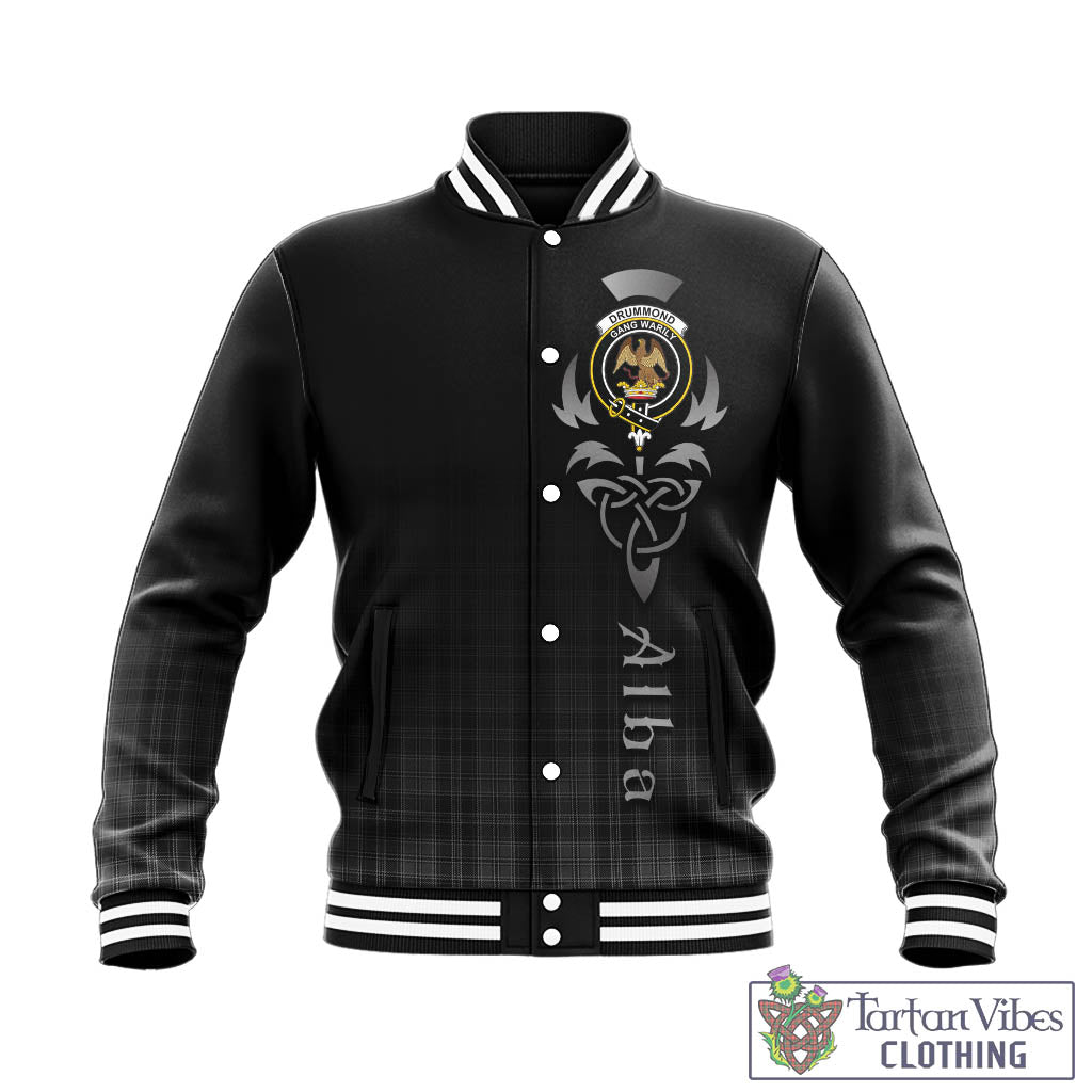 Tartan Vibes Clothing Drummond Grey Tartan Baseball Jacket Featuring Alba Gu Brath Family Crest Celtic Inspired