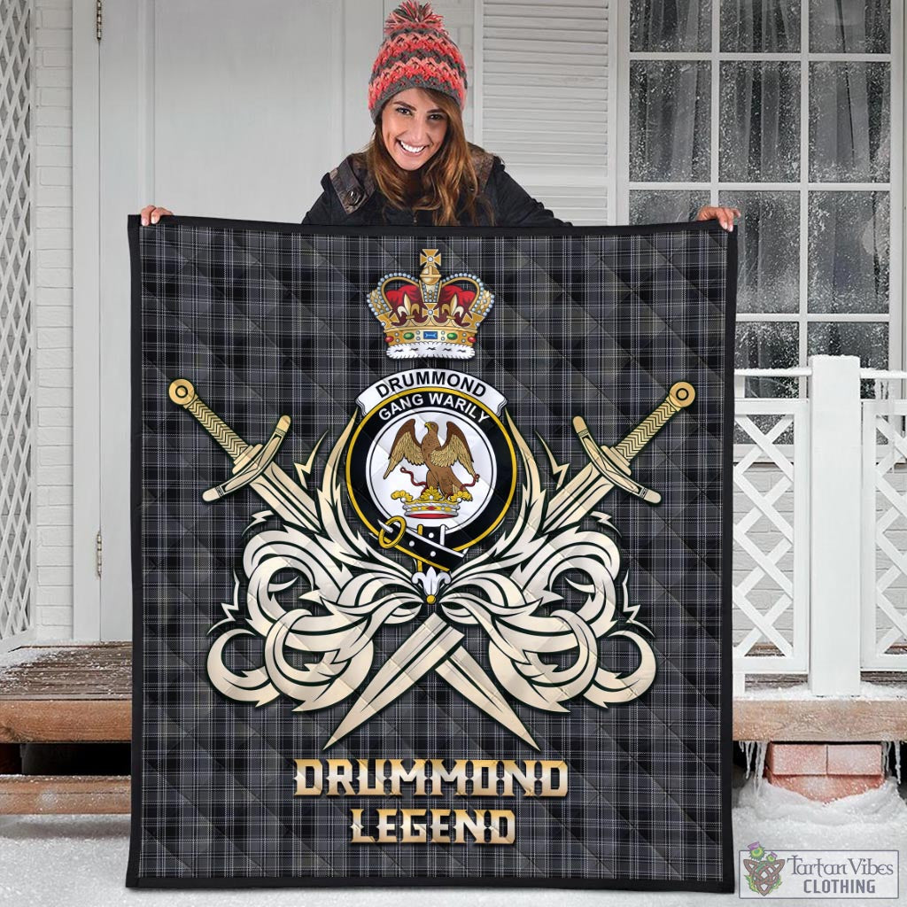 Tartan Vibes Clothing Drummond Grey Tartan Quilt with Clan Crest and the Golden Sword of Courageous Legacy