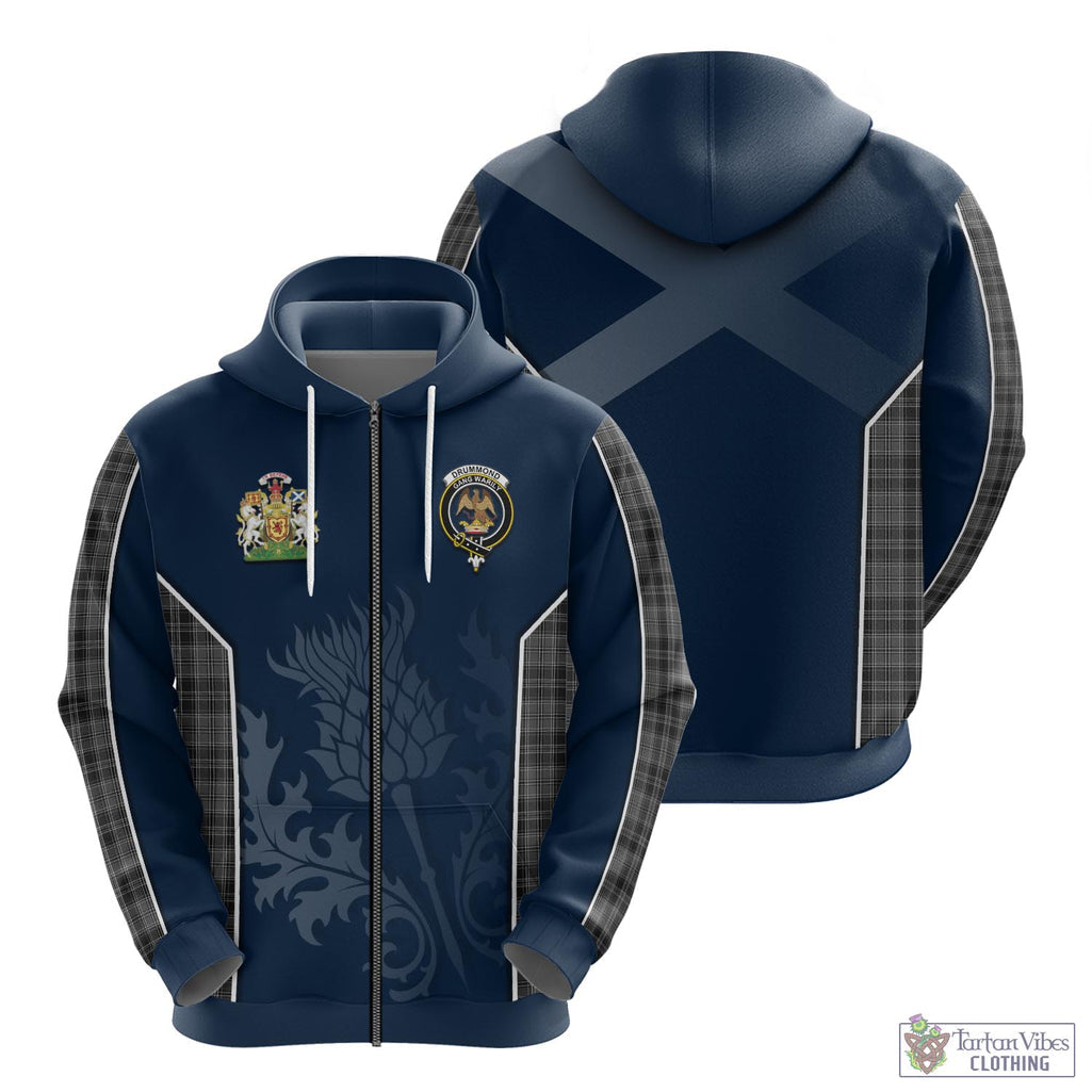 Tartan Vibes Clothing Drummond Grey Tartan Hoodie with Family Crest and Scottish Thistle Vibes Sport Style