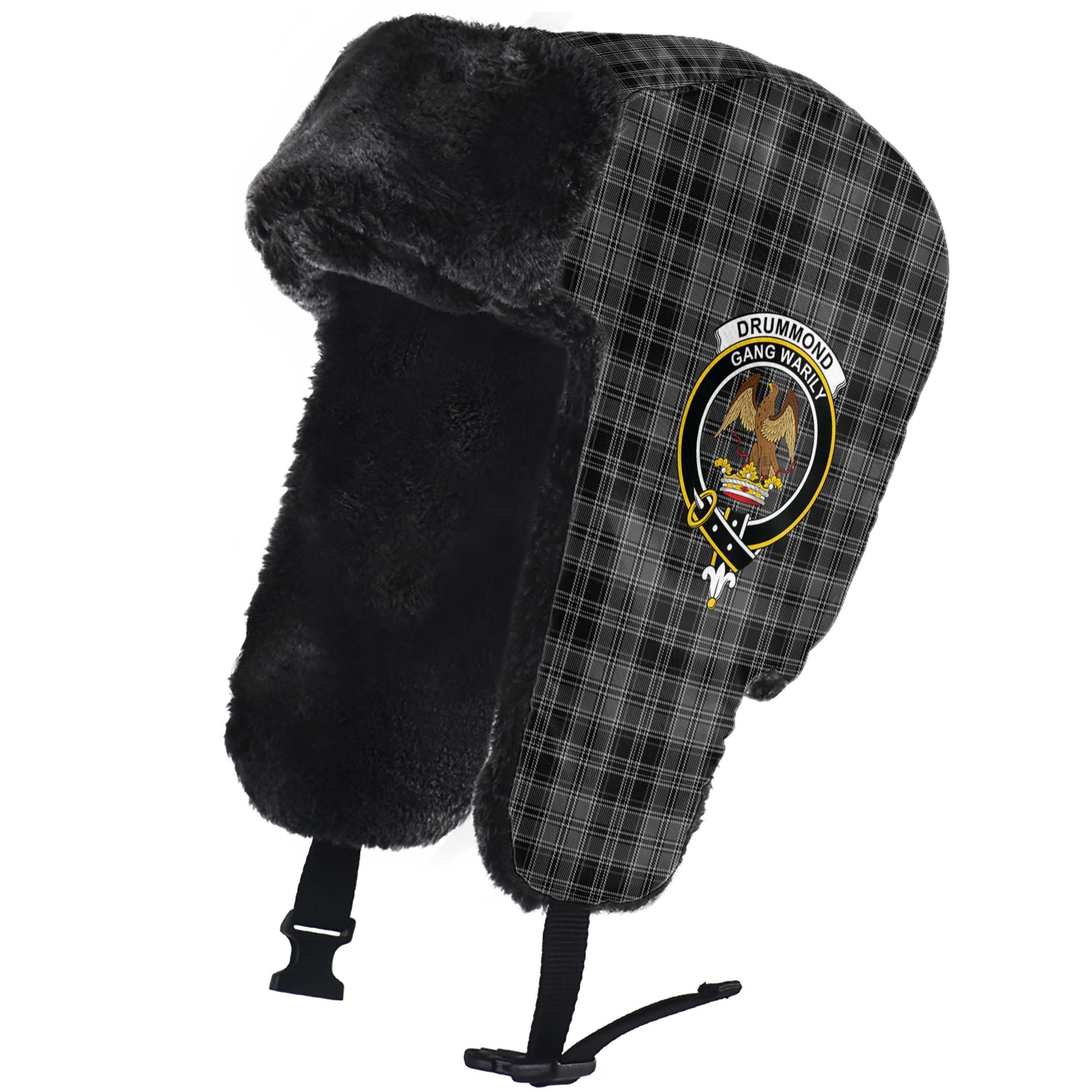 Drummond Grey Tartan Winter Trapper Hat with Family Crest - Tartanvibesclothing