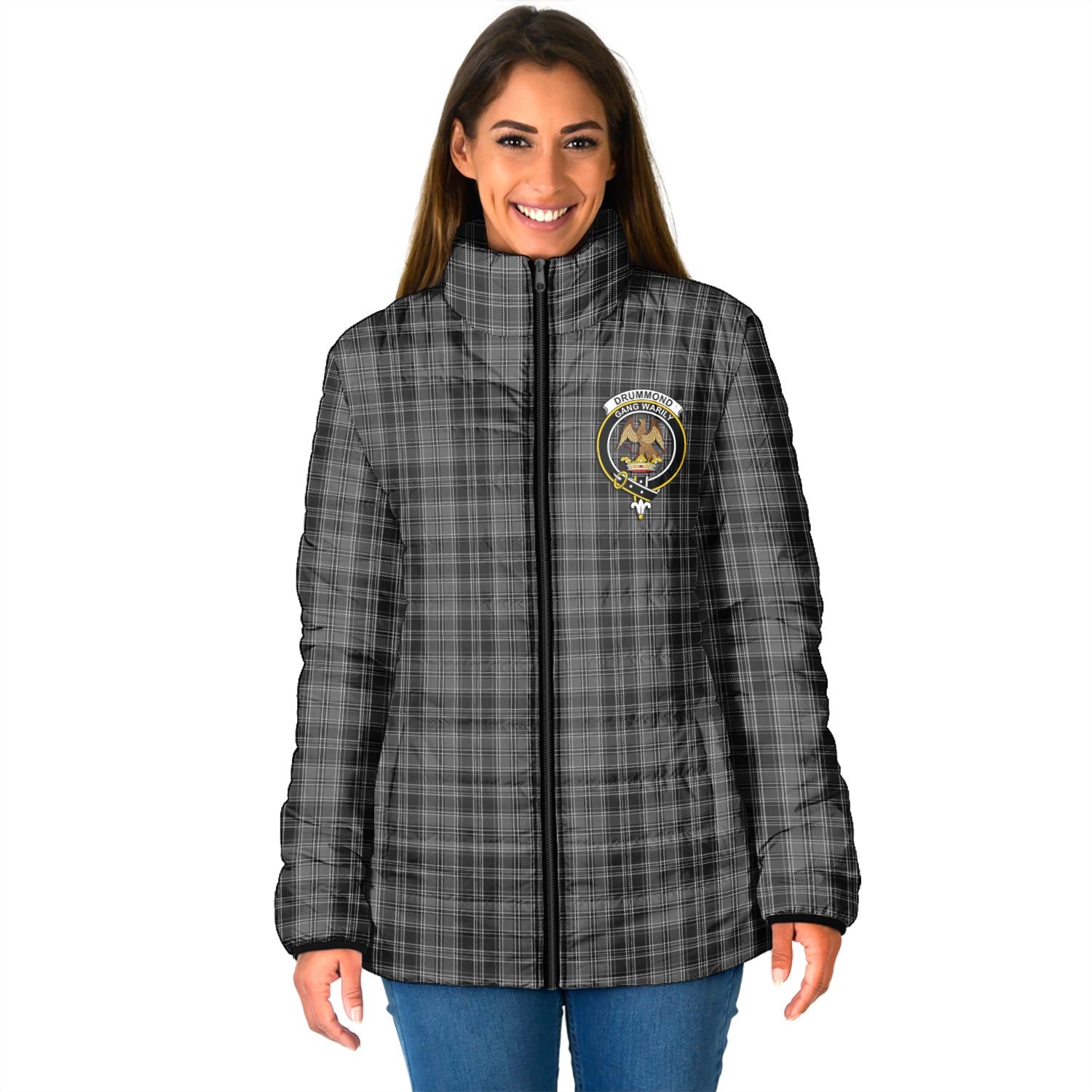 Drummond Grey Tartan Padded Jacket with Family Crest - Tartan Vibes Clothing