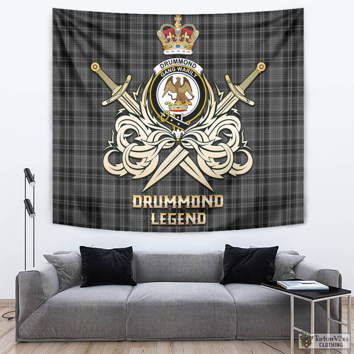 Tartan Vibes Clothing Drummond Grey Tartan Tapestry with Clan Crest and the Golden Sword of Courageous Legacy