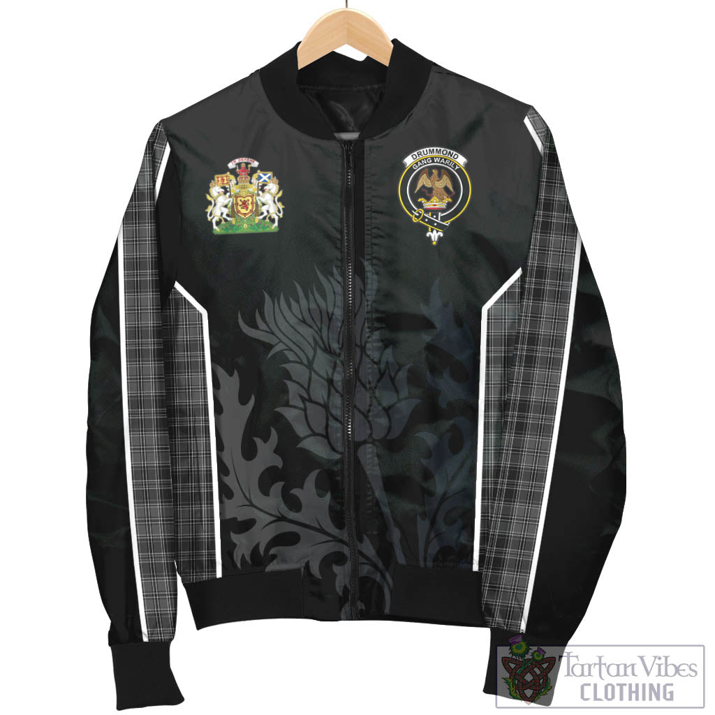 Tartan Vibes Clothing Drummond Grey Tartan Bomber Jacket with Family Crest and Scottish Thistle Vibes Sport Style