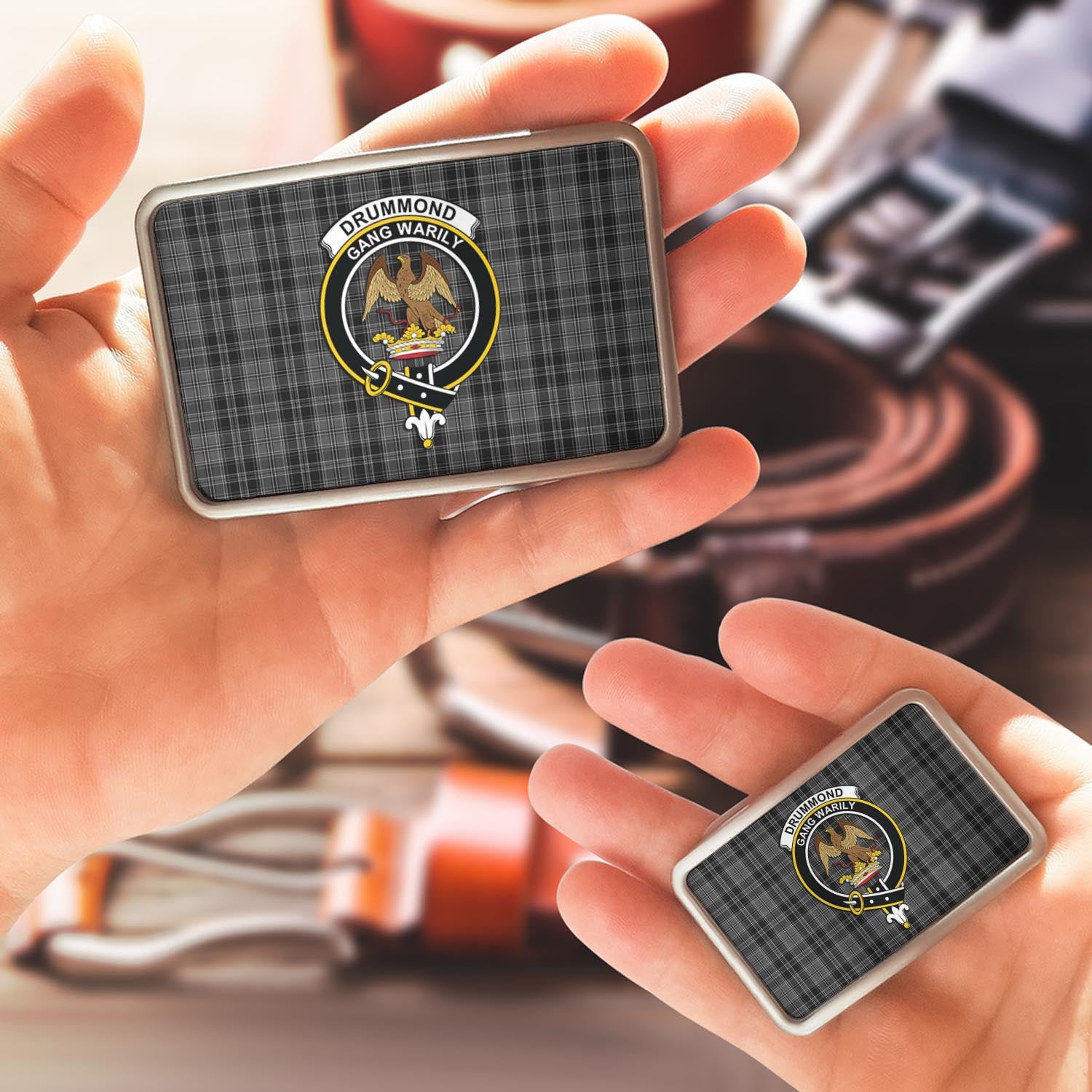 Drummond Grey Tartan Belt Buckles with Family Crest - Tartan Vibes Clothing