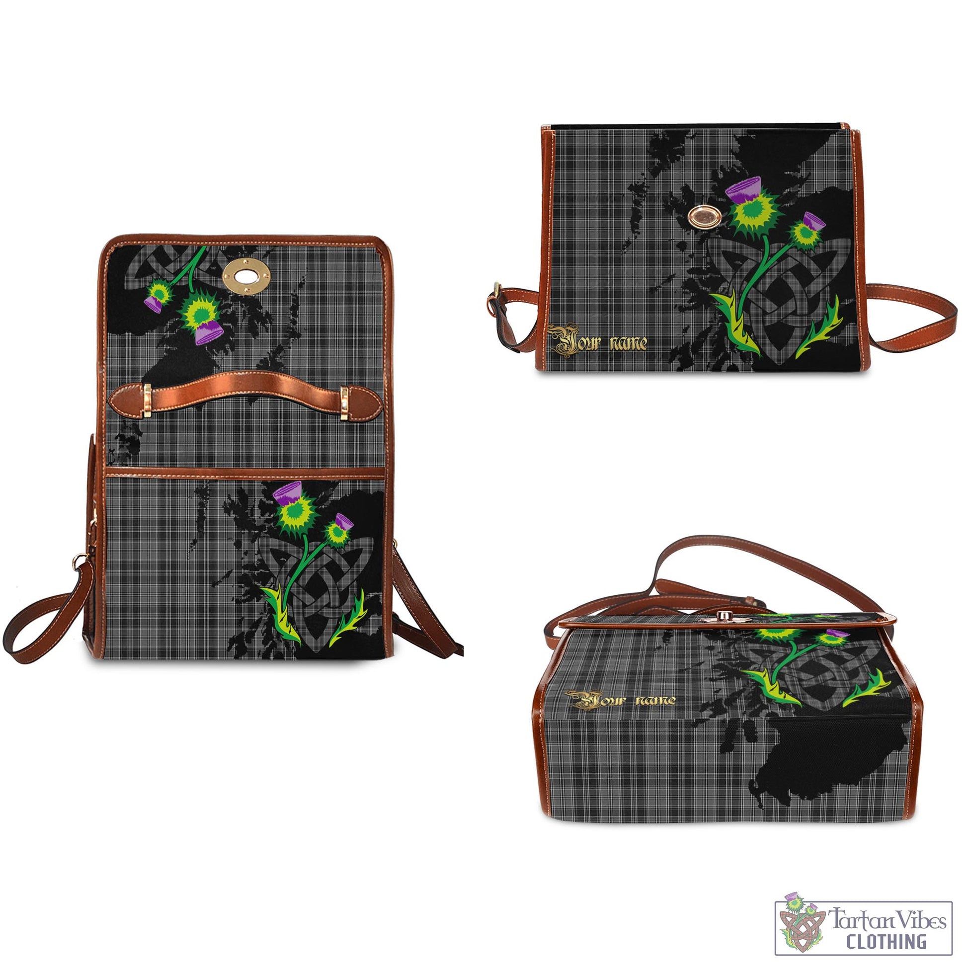 Tartan Vibes Clothing Drummond Grey Tartan Waterproof Canvas Bag with Scotland Map and Thistle Celtic Accents