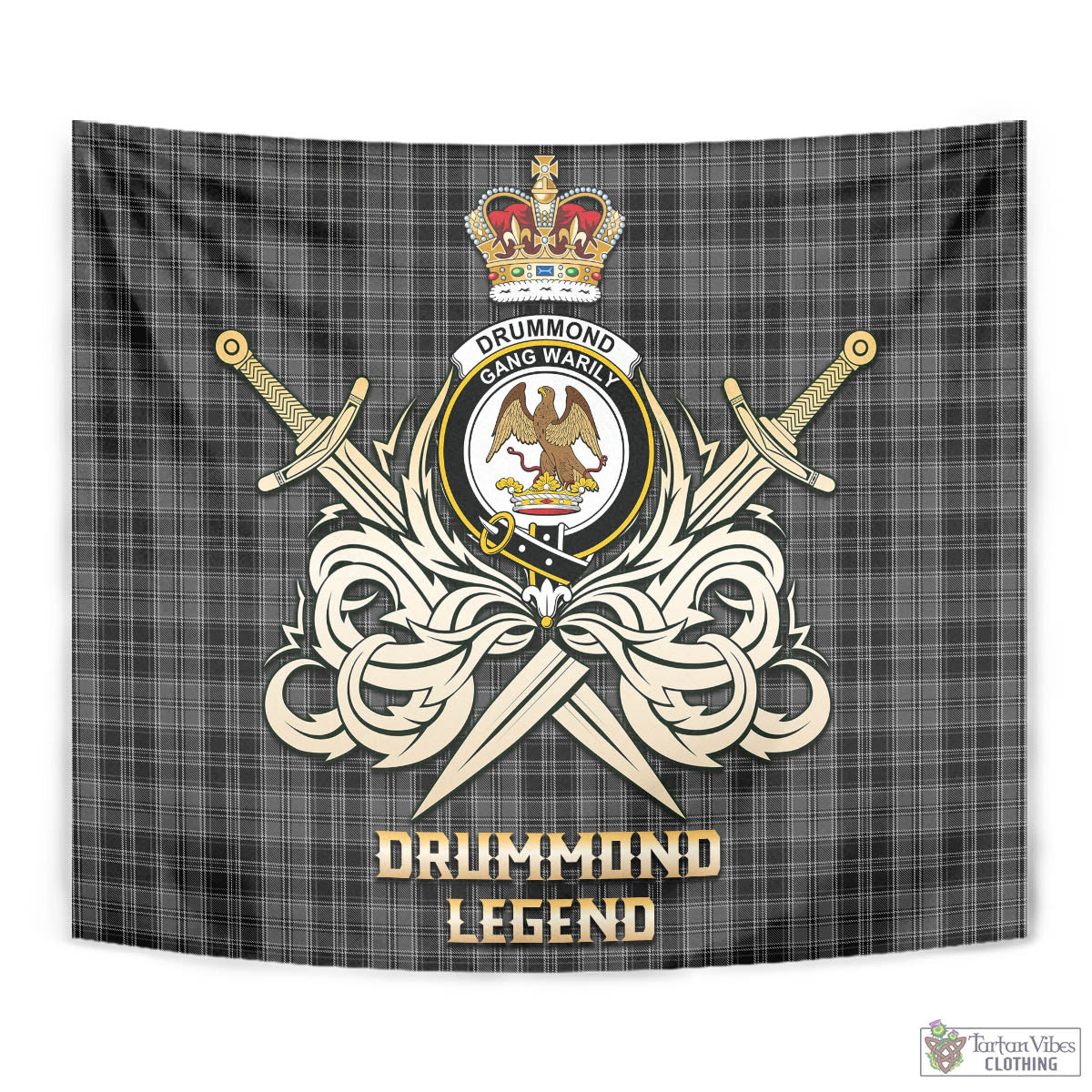 Tartan Vibes Clothing Drummond Grey Tartan Tapestry with Clan Crest and the Golden Sword of Courageous Legacy