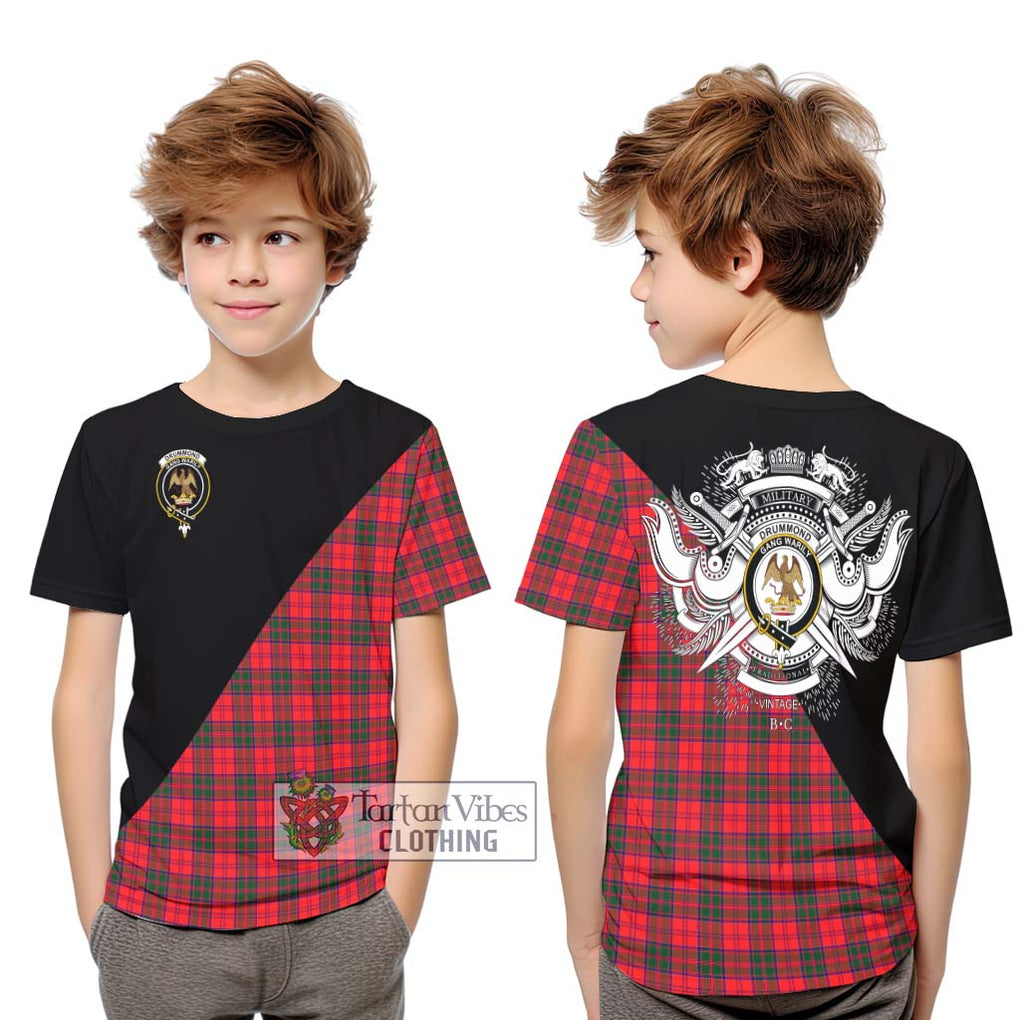 Drummond Modern Tartan Kid T-Shirt with Family Crest and Military Logo Style Youth XL Size14 - Tartanvibesclothing Shop