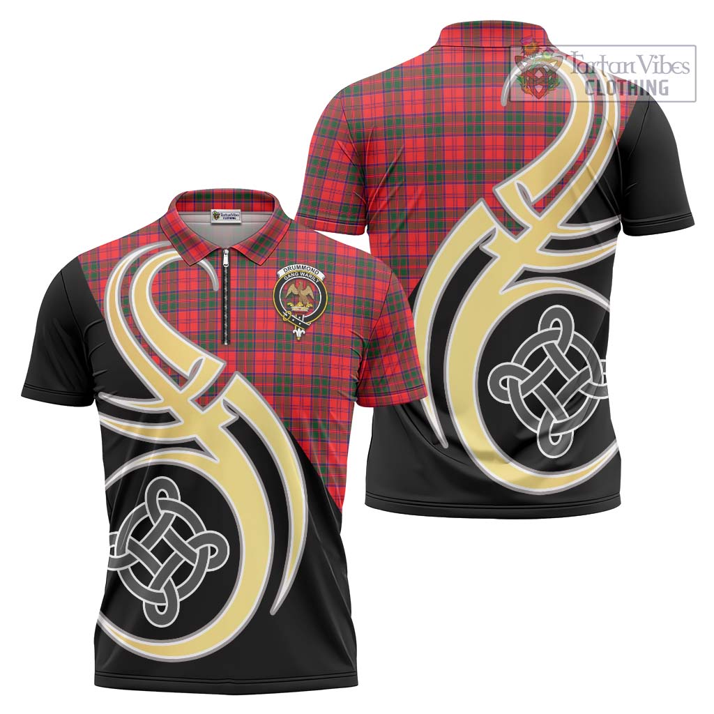 Tartan Vibes Clothing Drummond Modern Tartan Zipper Polo Shirt with Family Crest and Celtic Symbol Style